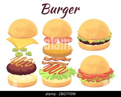 Burgers isolated on white background. Cartoon fast food vector illustration. Sandwich menu with meat, bun and cheeseburger, tomato and lettuce Stock Vector