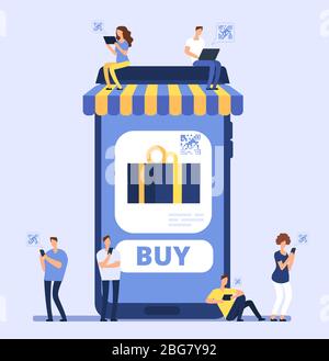 People using smartphone for mobile shopping. Men women buy goods in internet store with cell phone and banking app. Vector concept online shop, e-comm Stock Vector