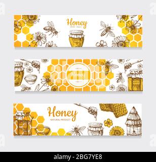 Honey banners. Vintage hand drawn bee and honeyed flower, honeycomb and hive vector labels. Illustration of healthy food, natural sweet hone web poster illustration Stock Vector