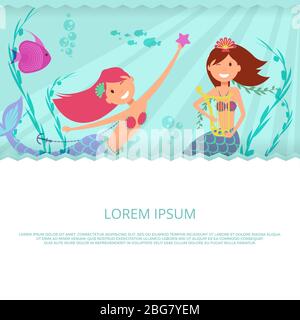 Happy mermaid and underwater life vector banner and poster template illustration Stock Vector