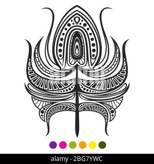 Abstract black and white feather isolated on white background. Peacock feather coloring page. Vector illustration Stock Vector