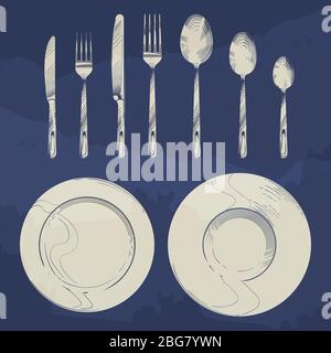 Vintage knife, fork, spoon and dishes in sketch engraving style. Cutlery set design isolated. Vector illustration Stock Vector