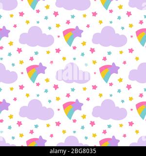 Cute baby seamless pattern with stars, clouds, rainbow colored. Vector illustration Stock Vector