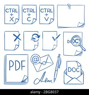 Doodle office paper vector icons with function symbols update, paste, cut, copy, send, delete and edit vector hand drawn set isolated. Illustration of move file with ctrl buttons Stock Vector