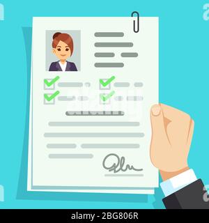 Cv document. Qualification personal documentation with girl avatar vector concept. Interview personal document in hand illustration Stock Vector