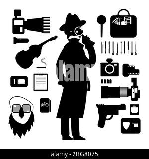 Detective icons isolated on white background. Police accessorises silhouettes. Vector illustration Stock Vector