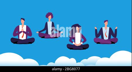 Meditation yoga group. Business team relaxing and meditating in lotus pose. Office workers avoid stress. Vector concept meditation businessman, illustration cartoon relax worker Stock Vector