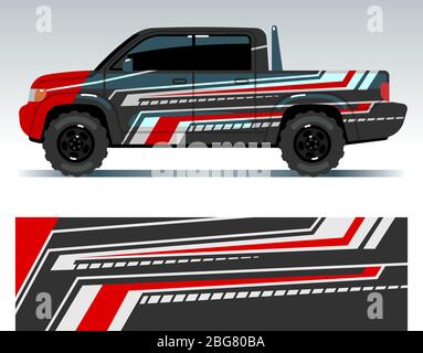 Racing car design. Vehicle wrap vinyl graphics with stripes vector illustration. Car race ready vinyl sticker stripe Stock Vector