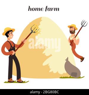 Cartoon character farmers and hay isolated on white background. Vector illustration Stock Vector