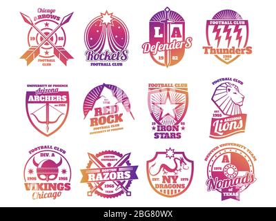 Bright color school emblems, college athletic teams sports labels isolated on white background. Vector illustration Stock Vector