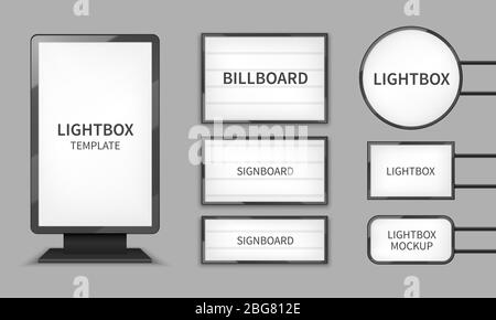 Light boxes. Retail lighting 3d billboards, retro cinema signs. Outdoor signage boards vector template. Advertising promotion, signboard and announcem Stock Vector