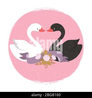 Two cute cartoon character swans in liove banner. Interracial love vector concept illustration Stock Vector