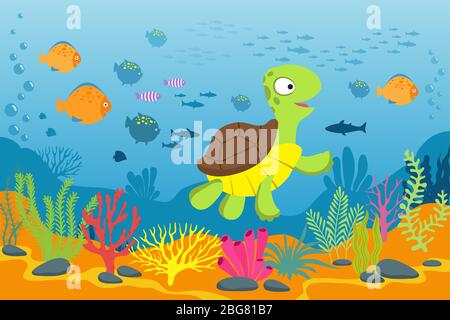 Turtle in underwater scene. Tortoise, seaweeds and fishes in ocean bottom. Cartoon marine vector background. Illustration of turtle under water ocean, marine life Stock Vector