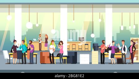 People in coworking office. Creative coworkers in casual wear in open space interior. Vector illustration. Office communication coworking, coworker workplace Stock Vector