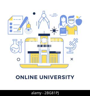 Online university flat outline vector concept isolated on white illustration Stock Vector