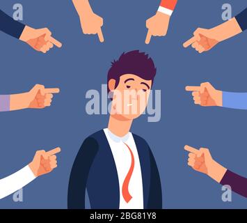 Bullying at work concept. Adult man get harassment by angry coworkers. Accus at office vector illustration. Victim person worker, stress on job, failure and unhappy Stock Vector