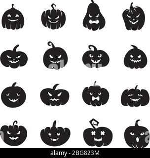 Halloween pumpkin faces. Scary pumpkins bloody with evil smile and eyes. Pumpkin black silhouette to halloween holiday illustration Stock Vector