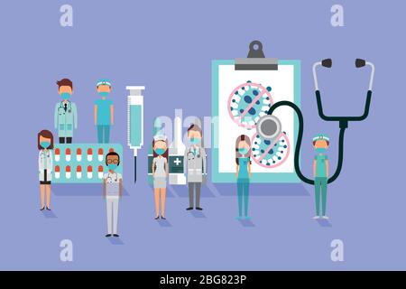 medical staff using face masks with stethoscope and checklist Stock Vector