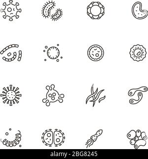 Microbes, virus and pathogen line icons. Bacteriology hygiene and infection outline vector isolated symbols. Bacteria and microbe, cell microscopic ba Stock Vector