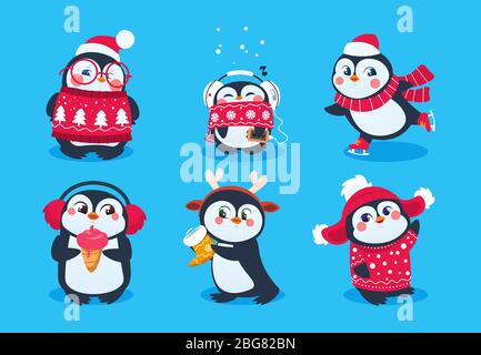 Christmas penguin. Funny snow animals, cute baby penguins cartoon characters in winter hat. Isolated vector set of penguin animal polar in red scarf and hat illustration Stock Vector