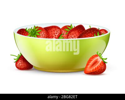 Bowl of strawberries isolated on white background. Realistic berries and bowl vector illustration. Breakfast health Stock Vector