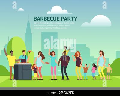 Barbeque party banner design. Cartoon character international families in park vector illustration Stock Vector