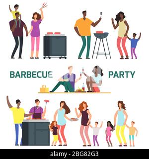 Barbeque party cartoon character families. Flat characters resting on bbq vector set illustration Stock Vector