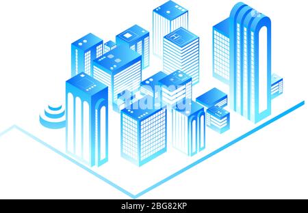 Smart city. 3d urban map with residential isometric buildings. New house technology and augmented reality vector concept. Residential building architecture, cityscape project illustration Stock Vector