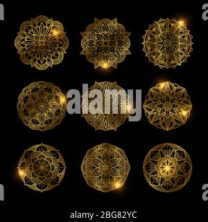 Set of shiny golden flower mandala isolated on black background. Vector illustration Stock Vector