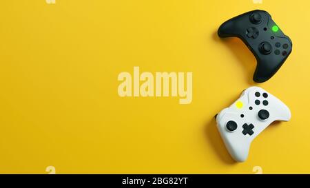 Game competition. White and black joystick with yellow background realistic 3D rendering Stock Photo