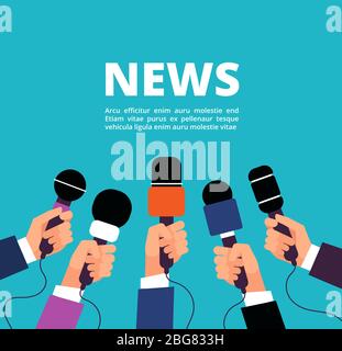 News concept with microphones. Broadcasting, interview and communication vector banner with handa holding microphones. Illustration of microphone for news, broadcasting live news Stock Vector
