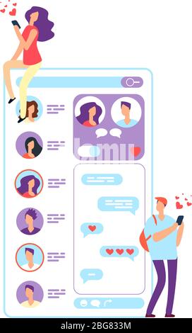 Woman and man online dating. Couple chatting with phone or website application. Romantic meeting and love relationships vector concept. Couple love, relationship dating online illustration Stock Vector