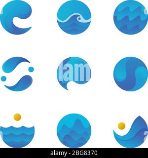 Sea surface, ocean waves logos and water labels. Swimming pool badges. Isolated vector set. Sea wave water ocean emblem collection illustration Stock Vector
