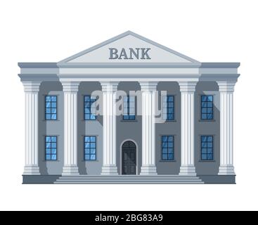 Cartoon retro bank building or courthouse with columns vector illustration isolated on white background. Bank building architecture with column Stock Vector