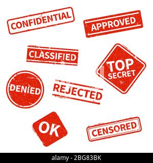 Top secret, rejected, approved, classified, confidential, denied and censored red grunge business stamps isolated on white background. Vector print vintage, imprint denied rubber stamp illustration Stock Vector