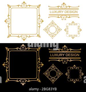 Luxury golden frame collection, border ornament, invitation border, and text frame, on white and black background. Stock Vector