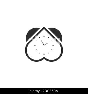 Heart shaped alarm clock, reverse heart line design concept, unique logo template, isolated on white background. Stock Vector