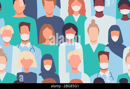 Doctors, nurses, healthcare workers, medical staff. Background, wallpaper. Endless texture. Vector seamless pattern in flat style. Mutliethnic group Stock Vector