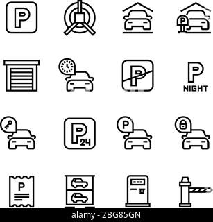 Parking icons. Car garage and parking line vector symbols. Automobile service park, zone place parking illustration Stock Vector