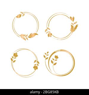 Circle golden frame with leaf and flower, Logo for cosmetic, beauty care and salon, jewelry, boutique, Wedding invitation. Stock Vector