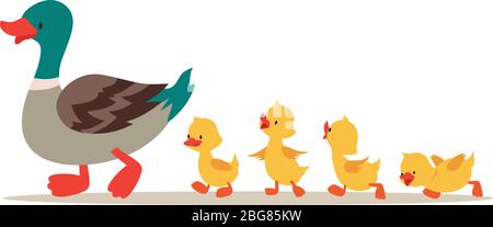 Mother duck and ducklings. Cute baby ducks walking in row. Cartoon vector illustration. Duck mother animal and family duckling Stock Vector