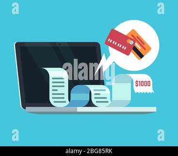 Online payment and digital invoice concept. Paying receipt on computer screen. E-documents and tax papers vector background. Accounting and receipt, invoice on computer illustration Stock Vector