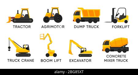 Forklift with boom lift and others trucks for cargo and construction - Vector icon set isolated on white. Stock Vector