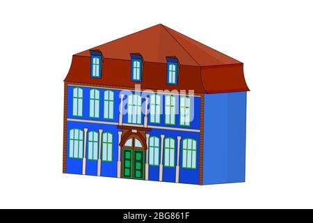 House in perspective view isolated on white background. Town Victorian polygonal blue apartment building. Cartoon european urban house. Stock vector Stock Vector
