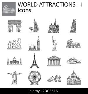 World Attractions vector line icons set, signs, symbols Stock Vector