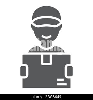 Delivery man glyph icon, courier and delivery, man holding box sign vector graphics, a solid icon on a white background, eps 10. Stock Vector