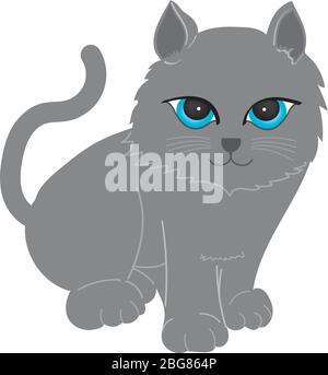 Cat Illustration clipart. A long-tailed gray cat sitting. Facing straight and It has big blue eyes. It is on a white ground. Hand draw art. Stock Vector