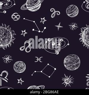 Hand drawn space with stars, planets and moon. Doodle night sky vector seamless pattern. Illustration of night space with planet Stock Vector
