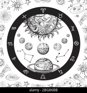 Astrology concept with planets. Hand drawn universe, planetary system and zodiac constellations. Line art vintage vector illustration. Astrology zodiac universe, constellation in space Stock Vector