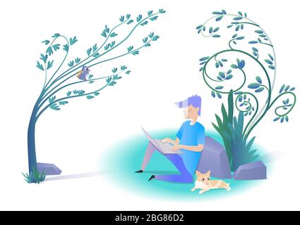 Man working by using laptop with a lying cat in garden. working at home concept, vector illustration. Stock Vector